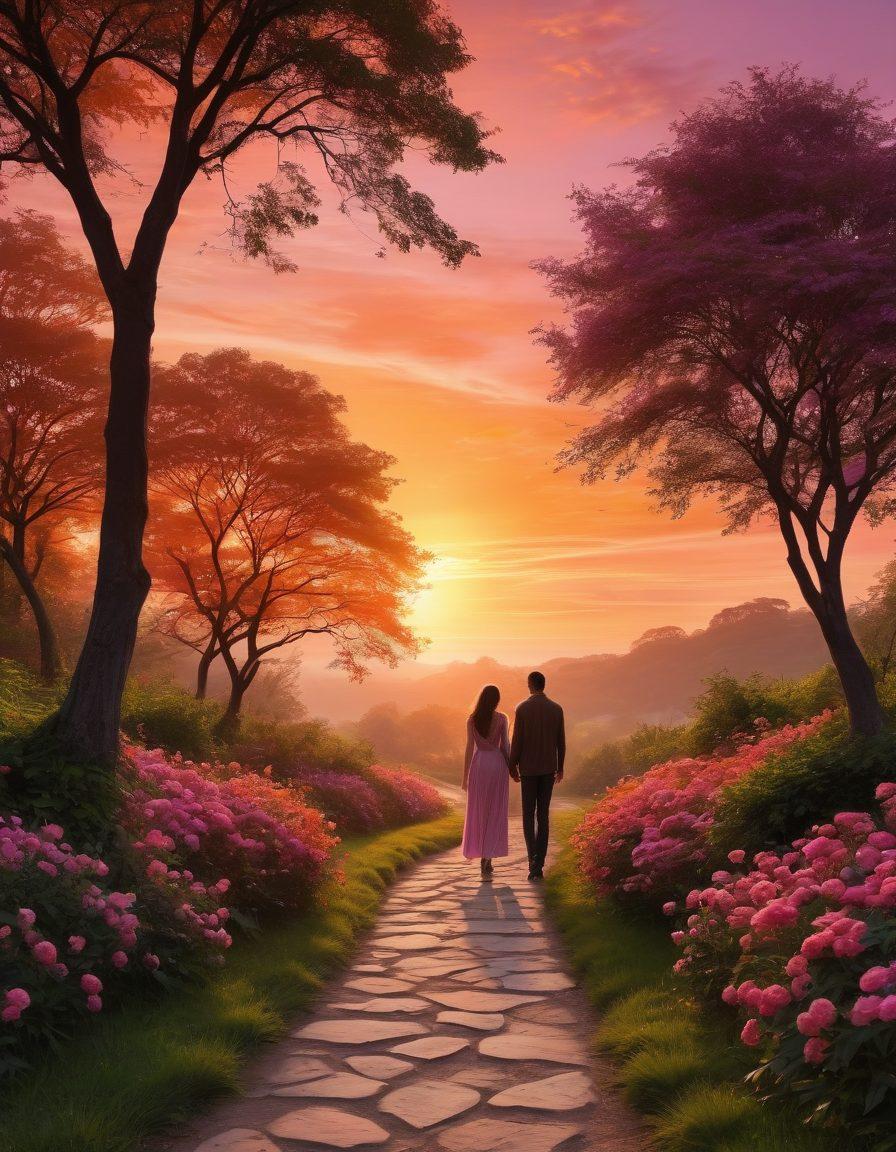A winding path through a lush, vibrant landscape symbolizing the journey of love, featuring delicate flowers representing casual relationships and sturdy trees representing deep commitments. Along the path, silhouettes of couples at different stages of their relationships, from playful interactions to heartfelt discussions. A warm sunset paints the sky in shades of orange and pink, evoking feelings of hope and growth. romantic. super-realistic. vibrant colors.