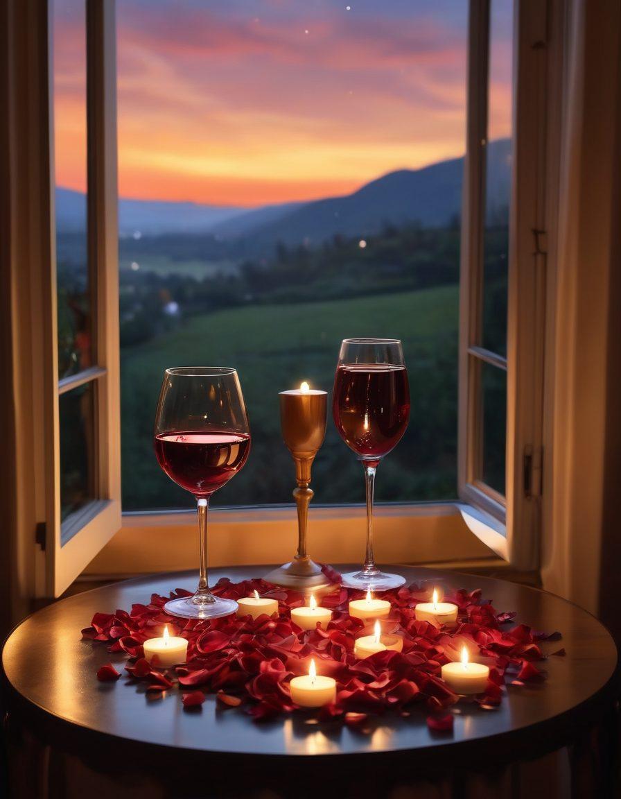 A beautifully set candlelit table for two, surrounded by soft rose petals and flickering candles, conveying intimacy and romance. A gentle backdrop of a starry night sky peaks through an open window, while two glasses of red wine stand poised for a toast. The warmth of the ambiance is accentuated by soft golden light, creating an inviting atmosphere for connections. super-realistic. warm tones. soft lighting. 3D.