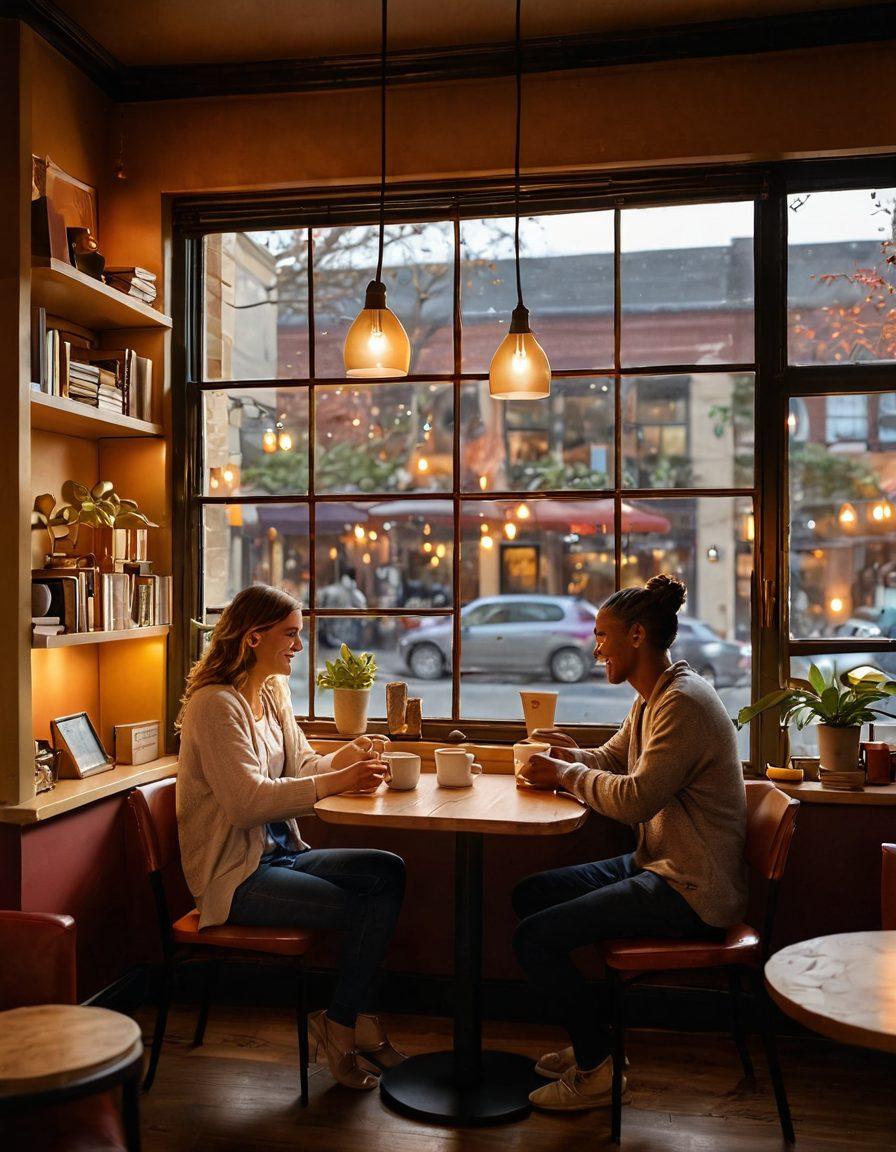 A cozy, softly lit coffee shop scene depicting two people engaged in a deep conversation, surrounded by warm colors and intimate decor. There should be a subtle emphasis on connection, with a handshake or shared laughter, while soft light filters through the window, creating a welcoming atmosphere. Include elements like steaming coffee cups and books on dating and relationships in the background. super-realistic. warm colors. inviting ambiance.